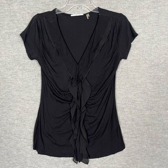 Tahari Ruffled Black Top Womens Medium Dark Romantic Day to Night Classic Blouse - Picture 1 of 10